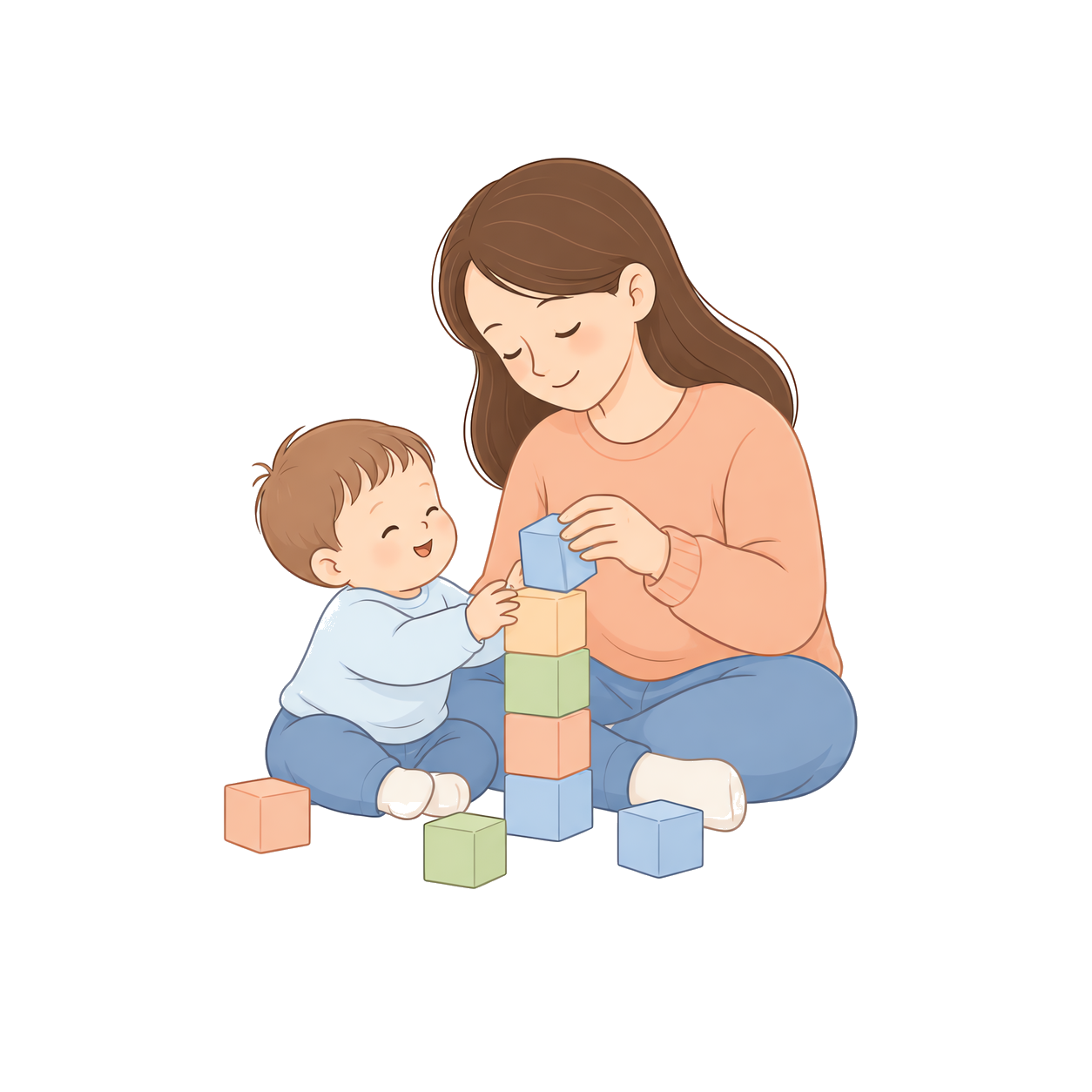 A toddler stacking blocks with a caregiver